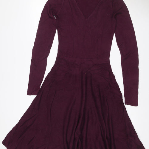 Oasis Women Purple XS Fit & Flare Knit V-Neck Long Sleeve Dress