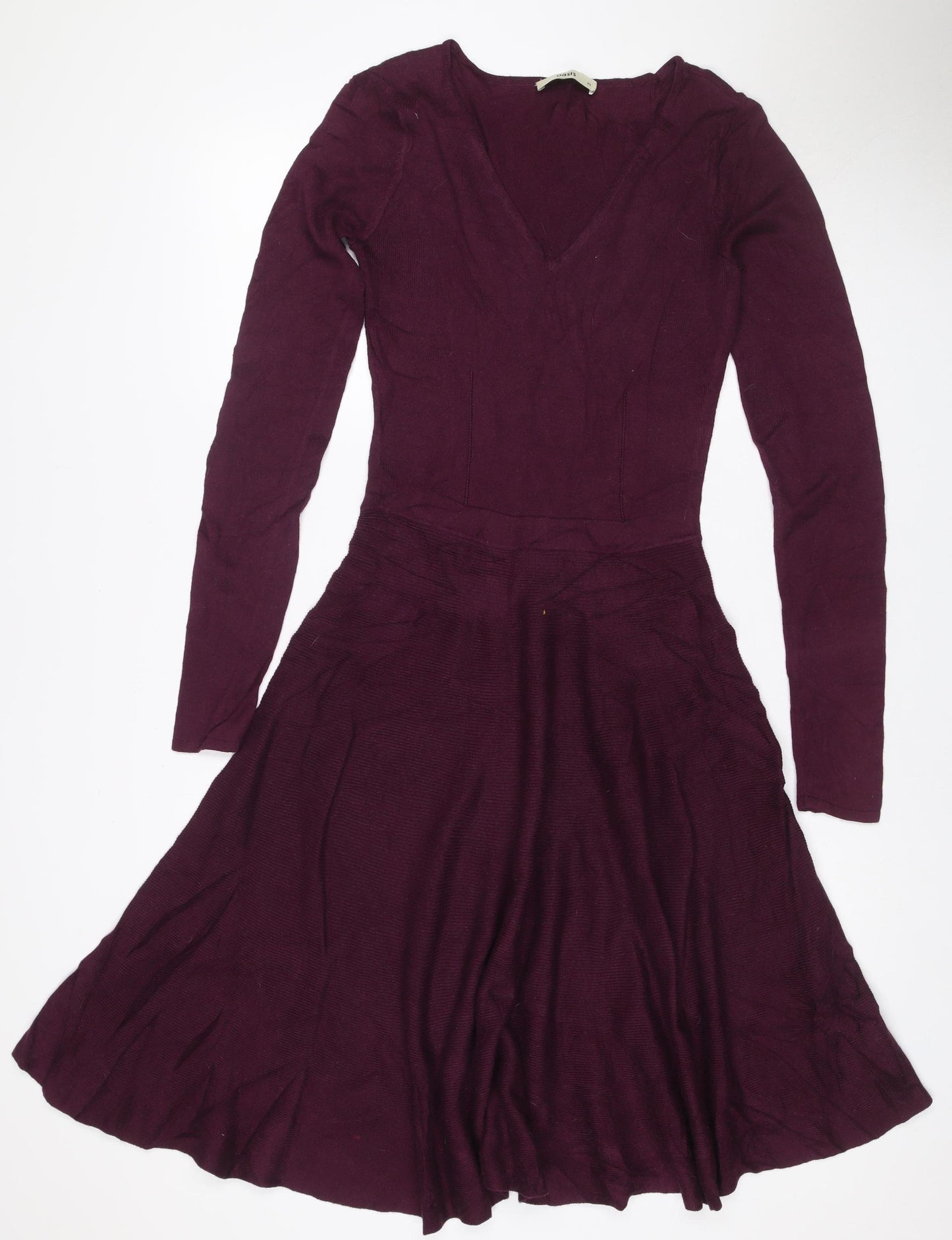 Oasis Women Purple XS Fit & Flare Knit V-Neck Long Sleeve Dress