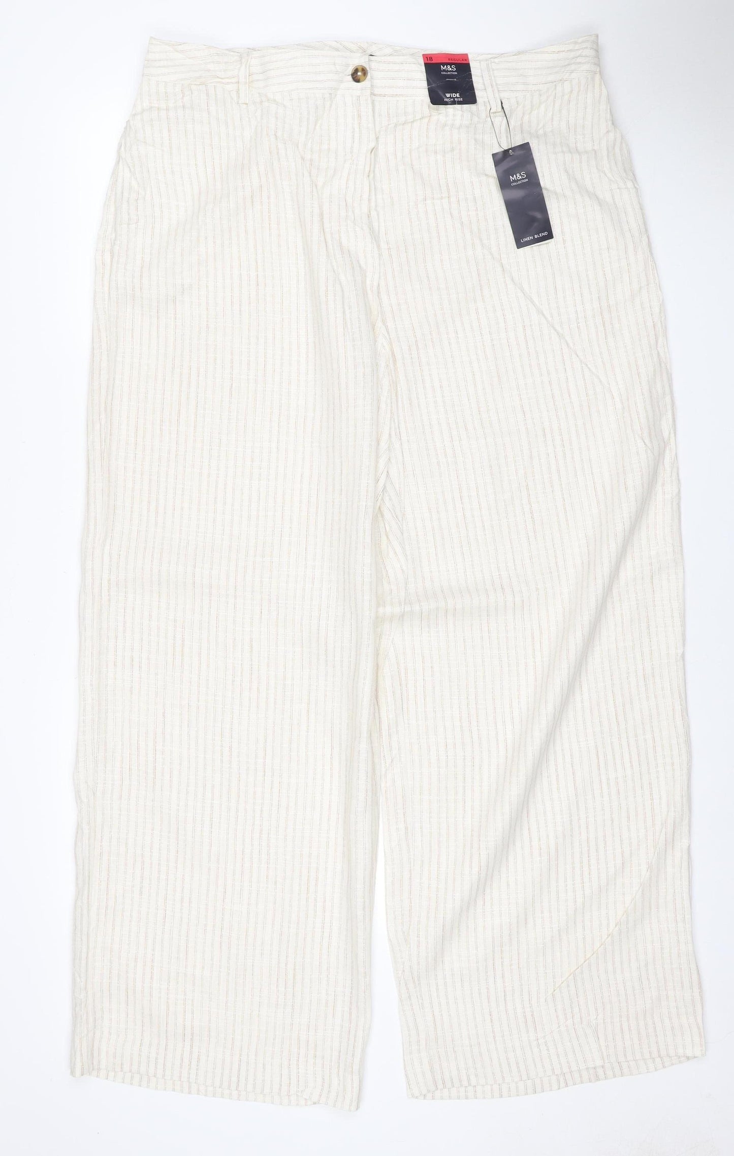 Marks and Spencer Women Ivory Stripe Wide Leg Trousers UK 18 Regular