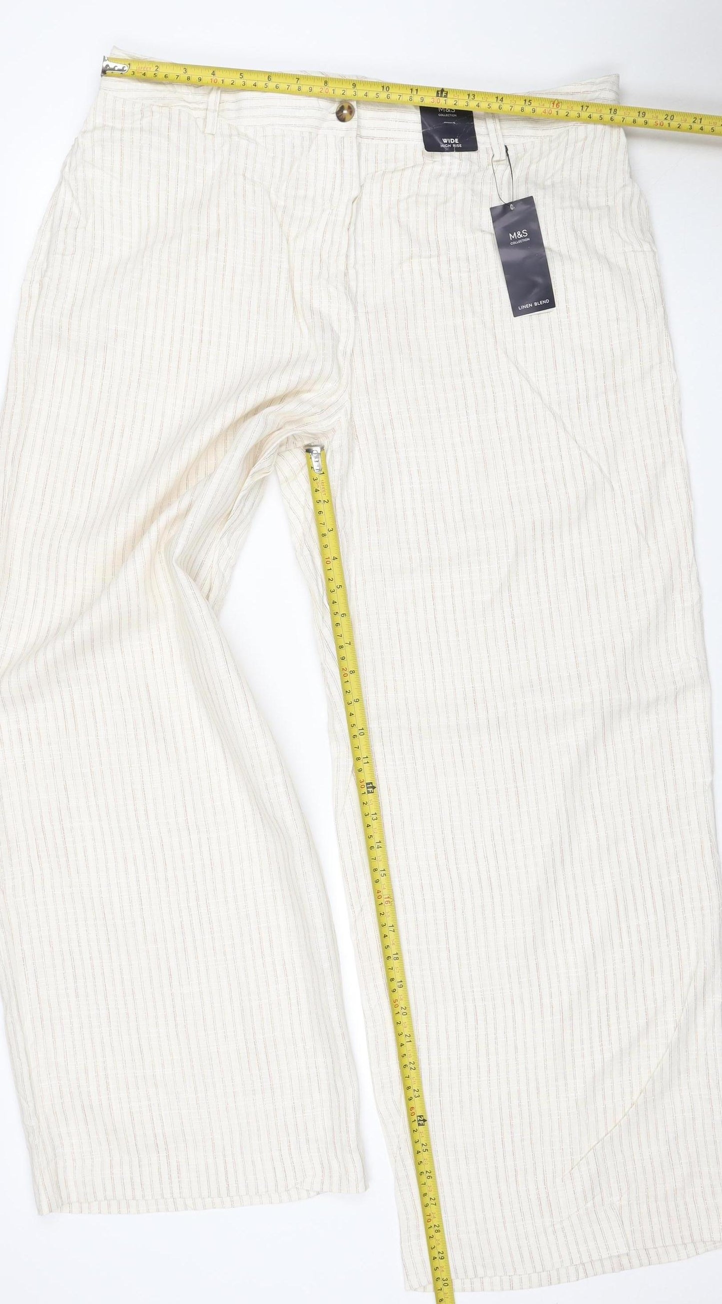 Marks and Spencer Women Ivory Stripe Wide Leg Trousers UK 18 Regular