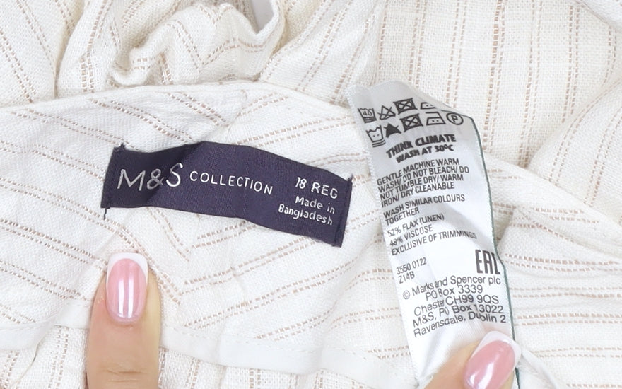Marks and Spencer Women Ivory Stripe Wide Leg Trousers UK 18 Regular