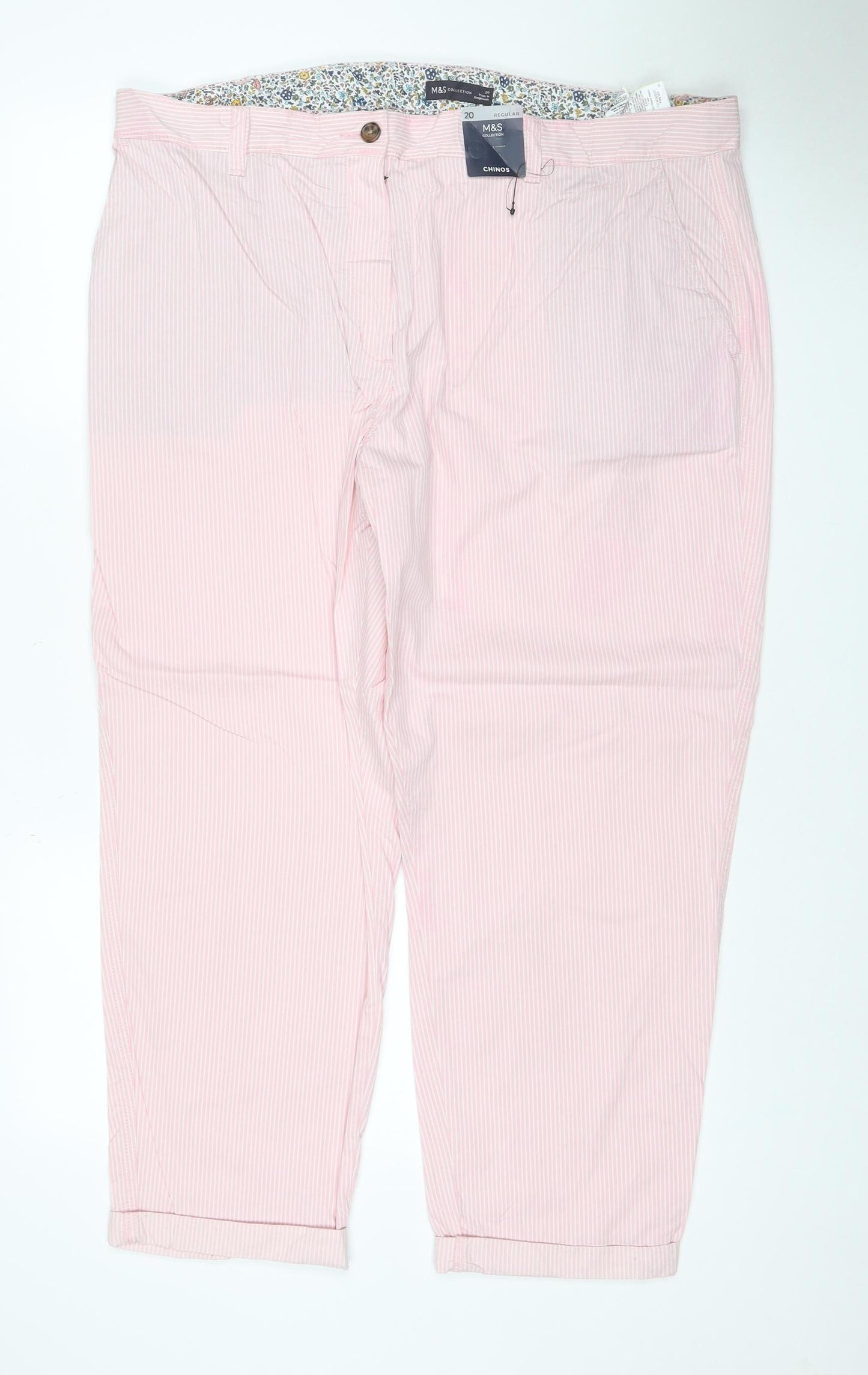 Marks & Spencer Women Pink Striped Cotton Stretch Chino Trousers Size 20