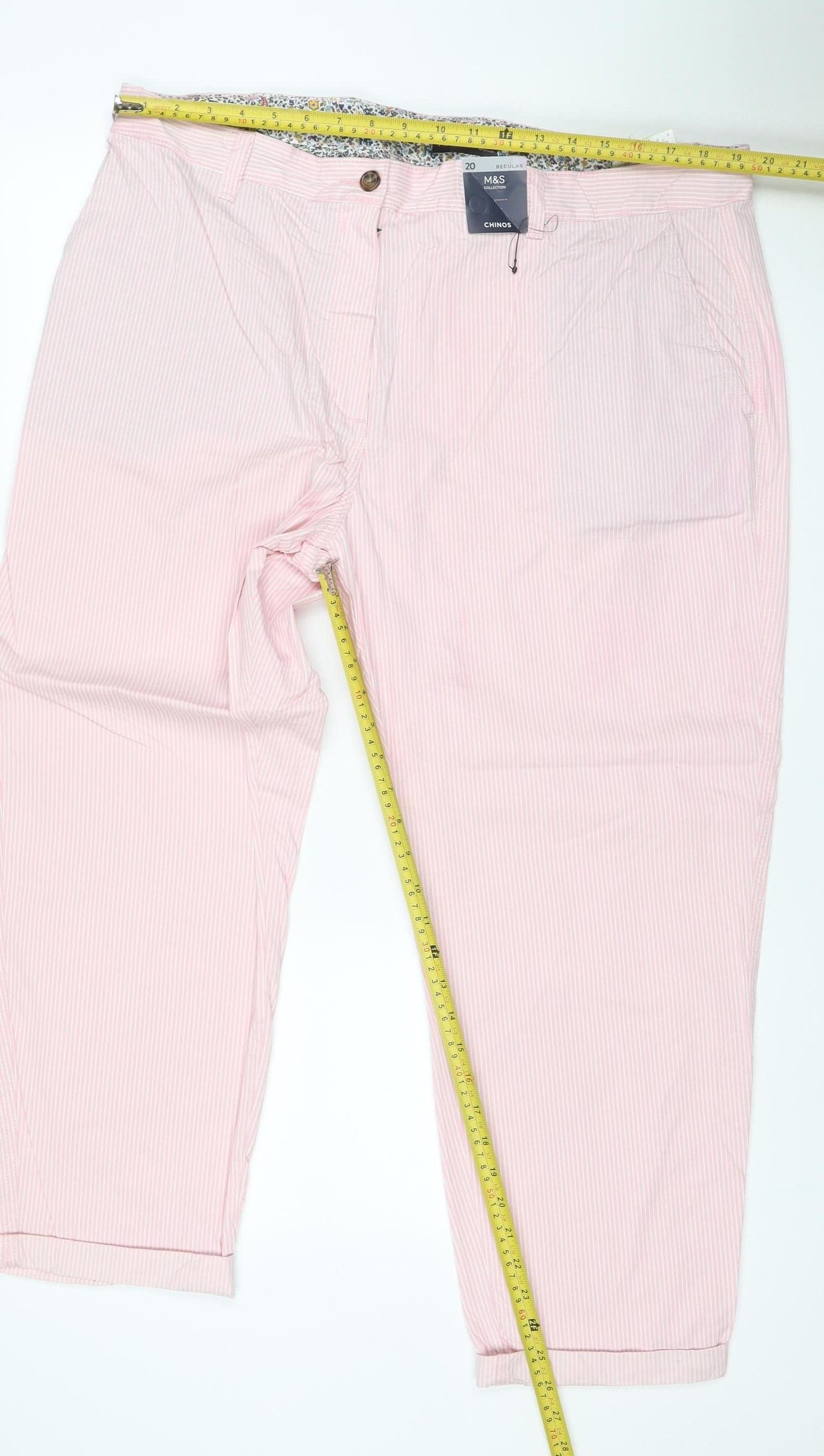Marks & Spencer Women Pink Striped Cotton Stretch Chino Trousers Size 20