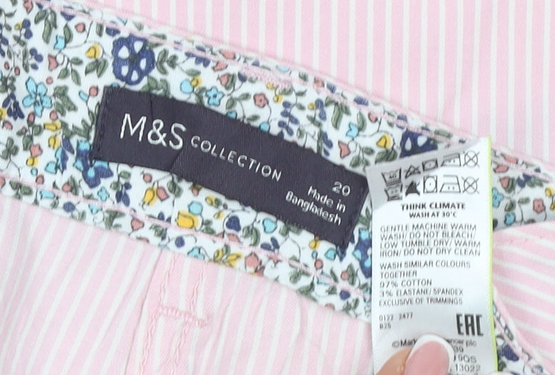 Marks & Spencer Women Pink Striped Cotton Stretch Chino Trousers Size 20