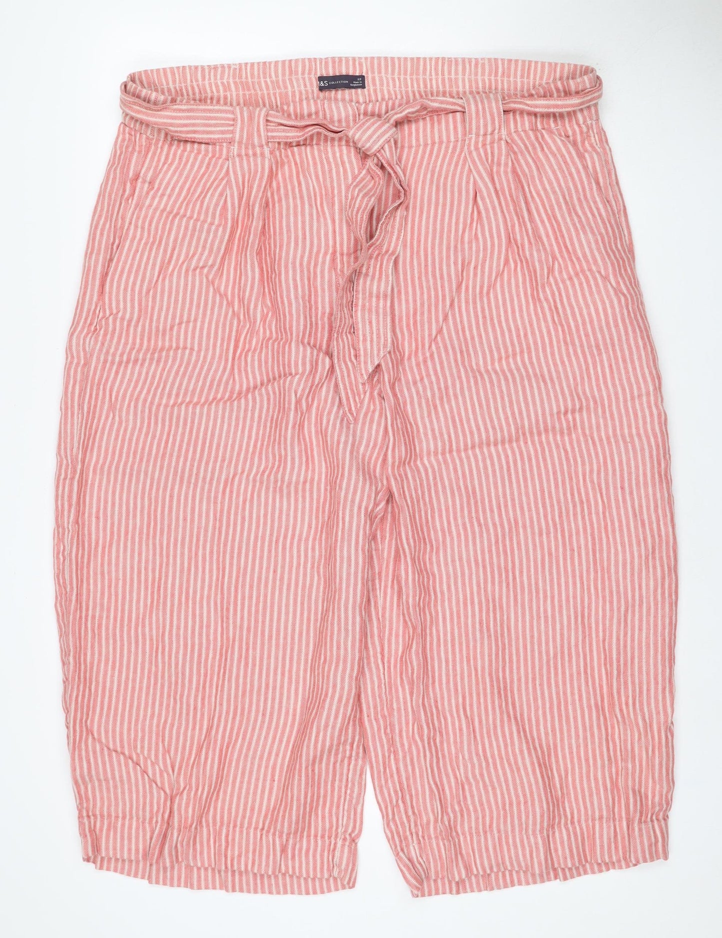 M&S Women’s Pink Stripe Size 18 Cropped Wide Leg Tie Trousers