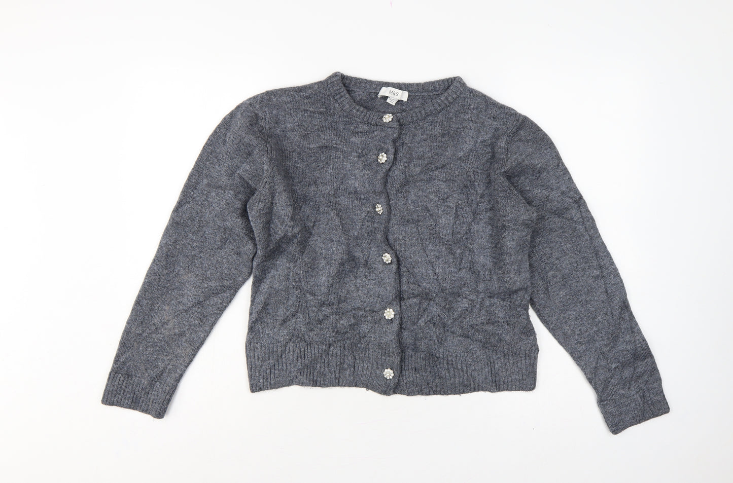 M&S Women Grey M Knit Crew Neck Jewel Button Cardigan