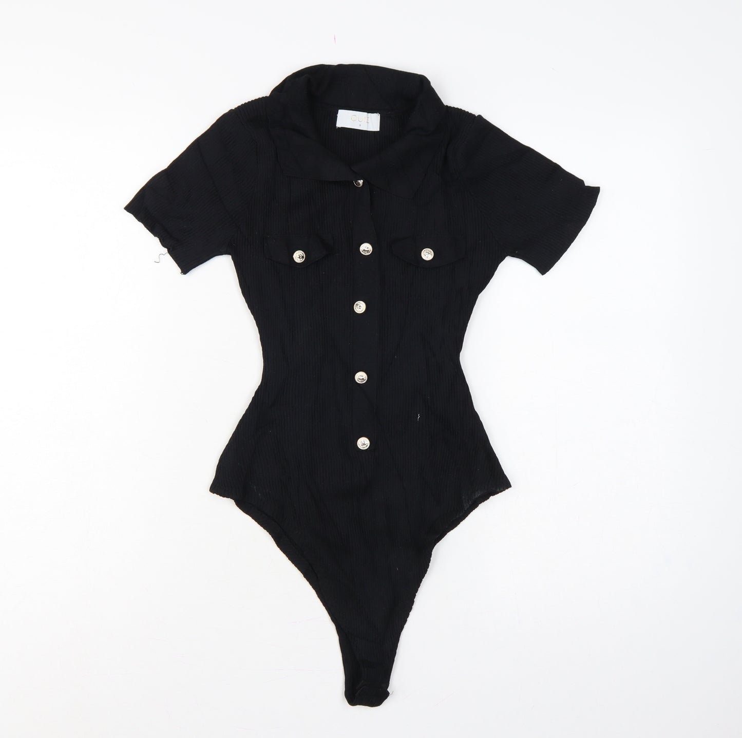 Quiz Women Black S Ribbed Button Front Cap Sleeve Bodysuit