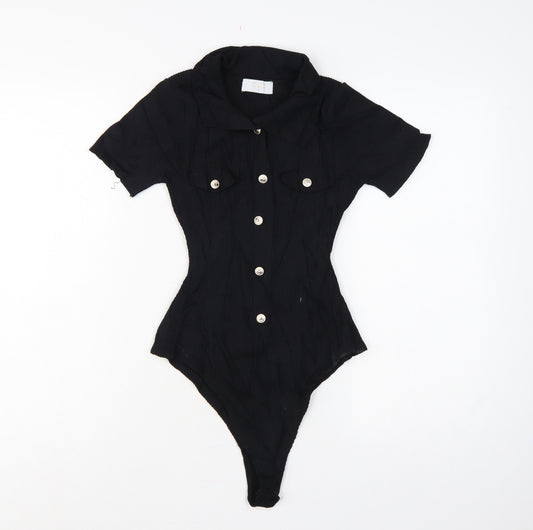 Quiz Women Black S Ribbed Button Front Cap Sleeve Bodysuit