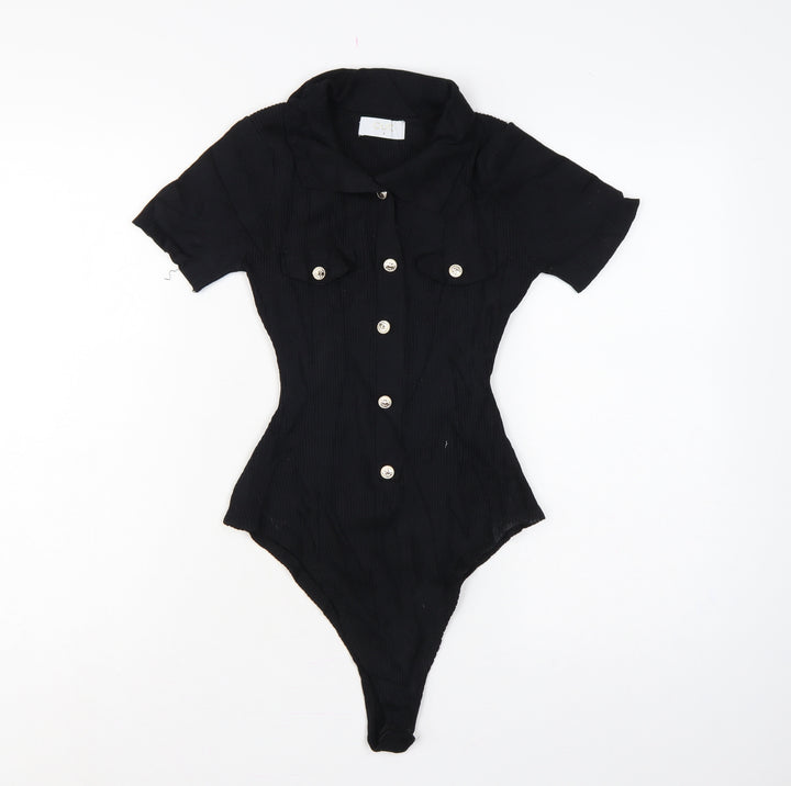 Quiz Women Black S Ribbed Button Front Cap Sleeve Bodysuit