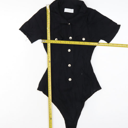 Quiz Women Black S Ribbed Button Front Cap Sleeve Bodysuit