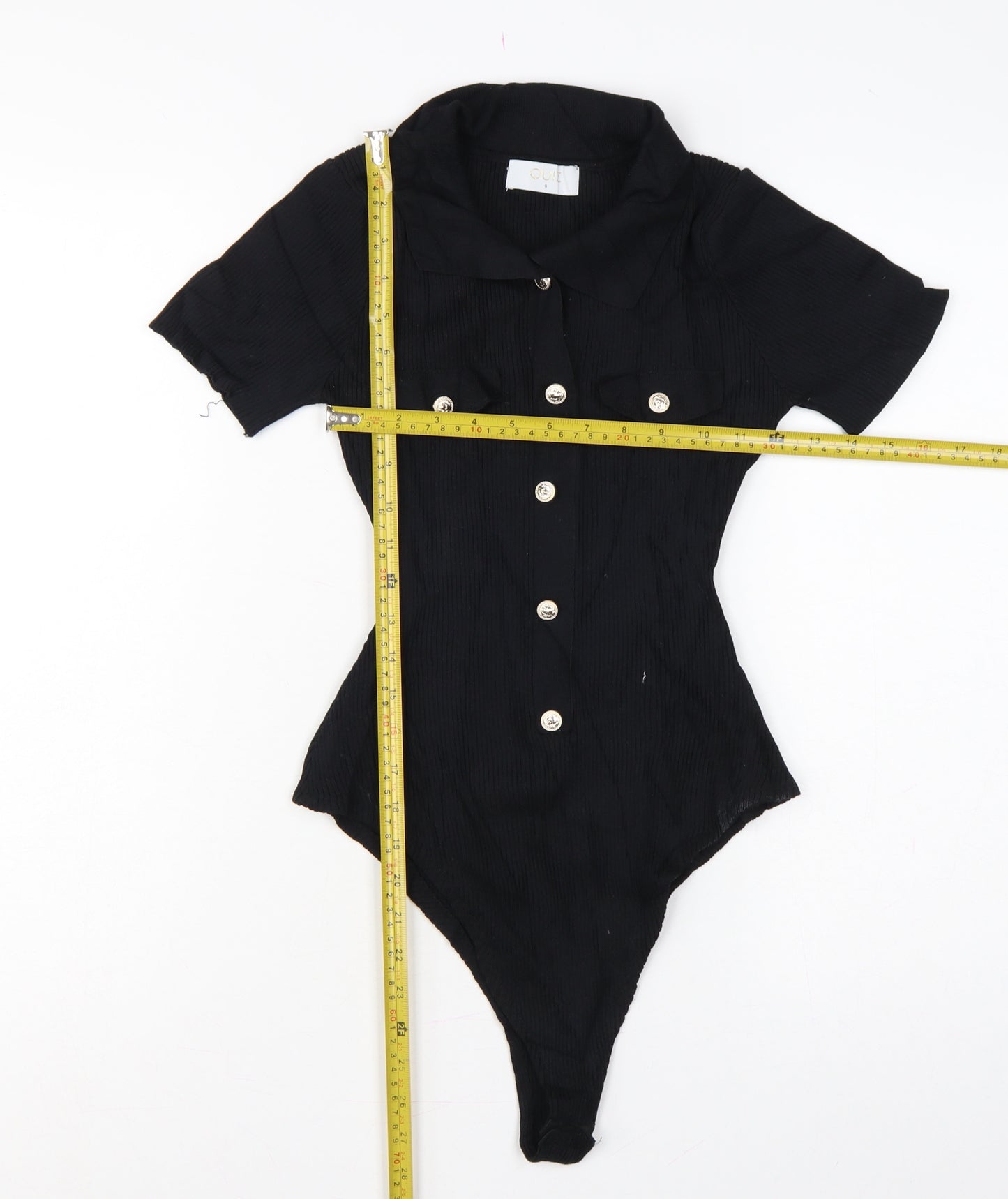 Quiz Women Black S Ribbed Button Front Cap Sleeve Bodysuit