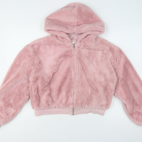 Topshop Women Pink M Hooded Faux Fur Fleece Zip Jacket