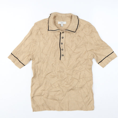 Marks and Spencer Women Beige Size 12 Rib Knit Collared Polo Top