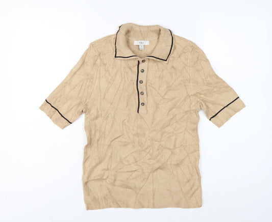 Marks and Spencer Women Beige Size 12 Rib Knit Collared Polo Top