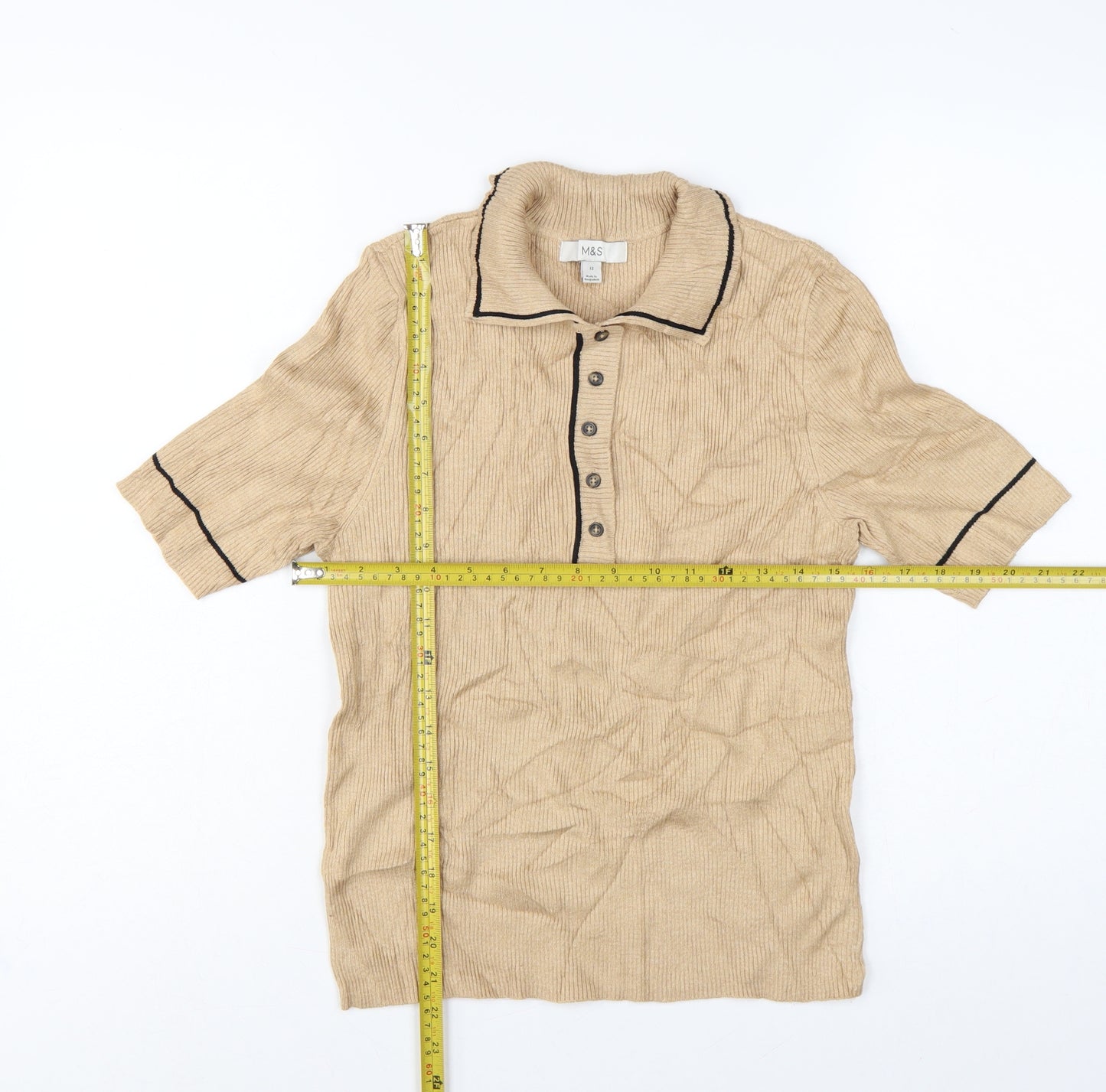 Marks and Spencer Women Beige Size 12 Rib Knit Collared Polo Top