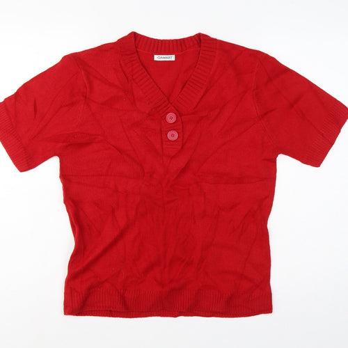 Damart Women Red UK 14 Short Sleeve V-Neck Button Henley Jumper
