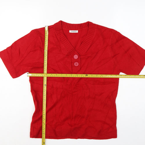 Damart Women Red UK 14 Short Sleeve V-Neck Button Henley Jumper