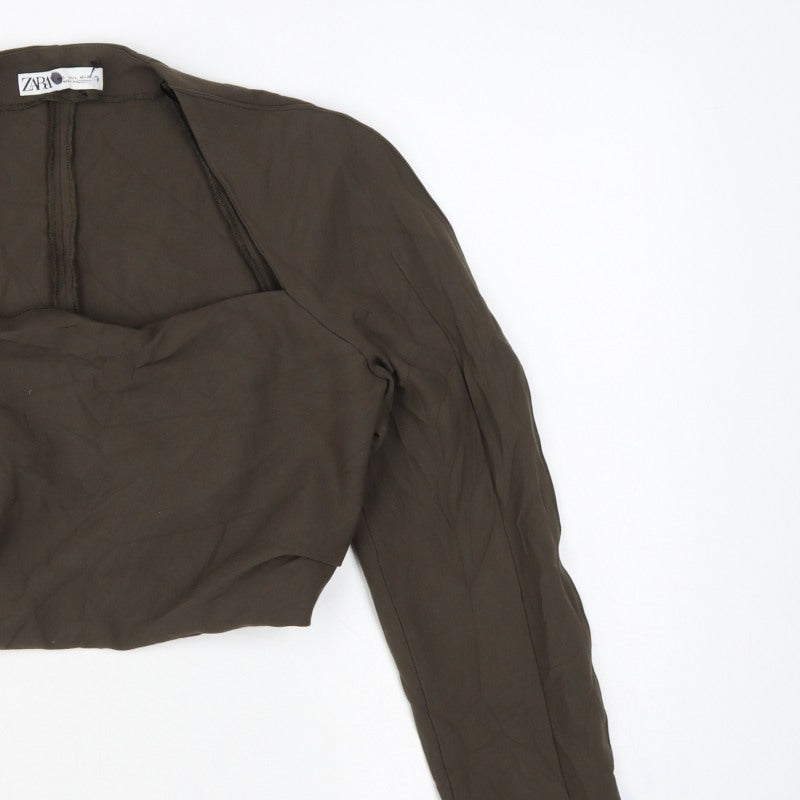 Zara Women Brown L Cropped Open Front Long Sleeve Blouse