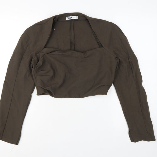 Zara Women Brown L Cropped Open Front Long Sleeve Blouse