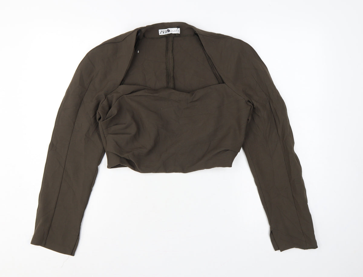Zara Women Brown L Cropped Open Front Long Sleeve Blouse