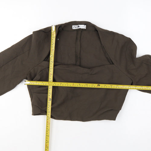 Zara Women Brown L Cropped Open Front Long Sleeve Blouse