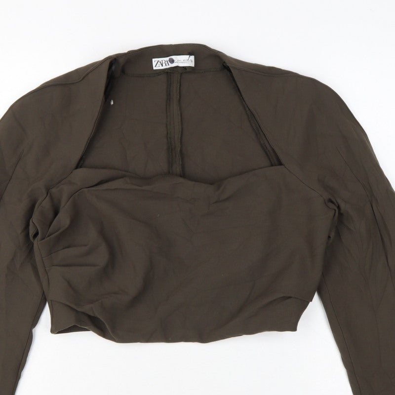 Zara Women Brown L Cropped Open Front Long Sleeve Blouse