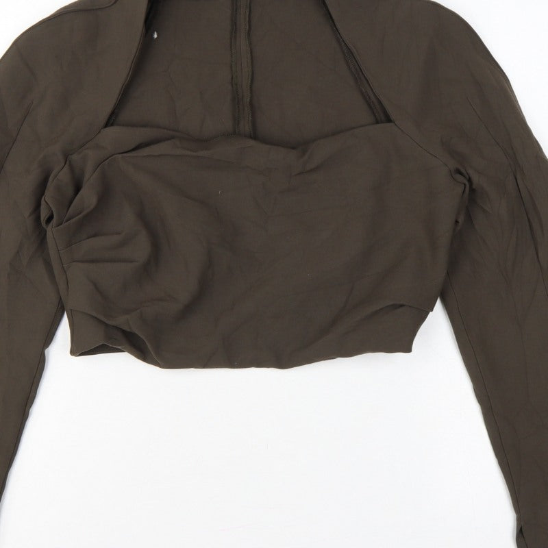 Zara Women Brown L Cropped Open Front Long Sleeve Blouse
