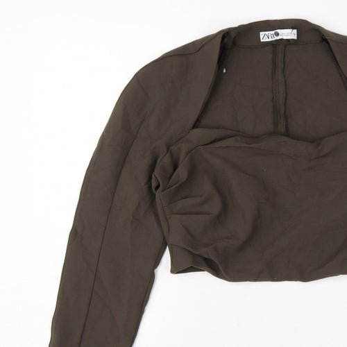 Zara Women Brown L Cropped Open Front Long Sleeve Blouse