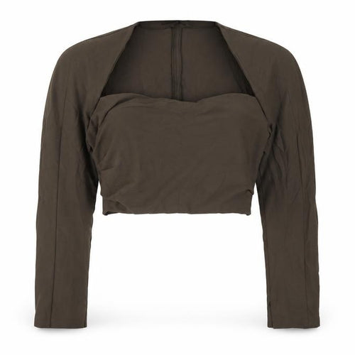 Zara Women Brown L Cropped Open Front Long Sleeve Blouse