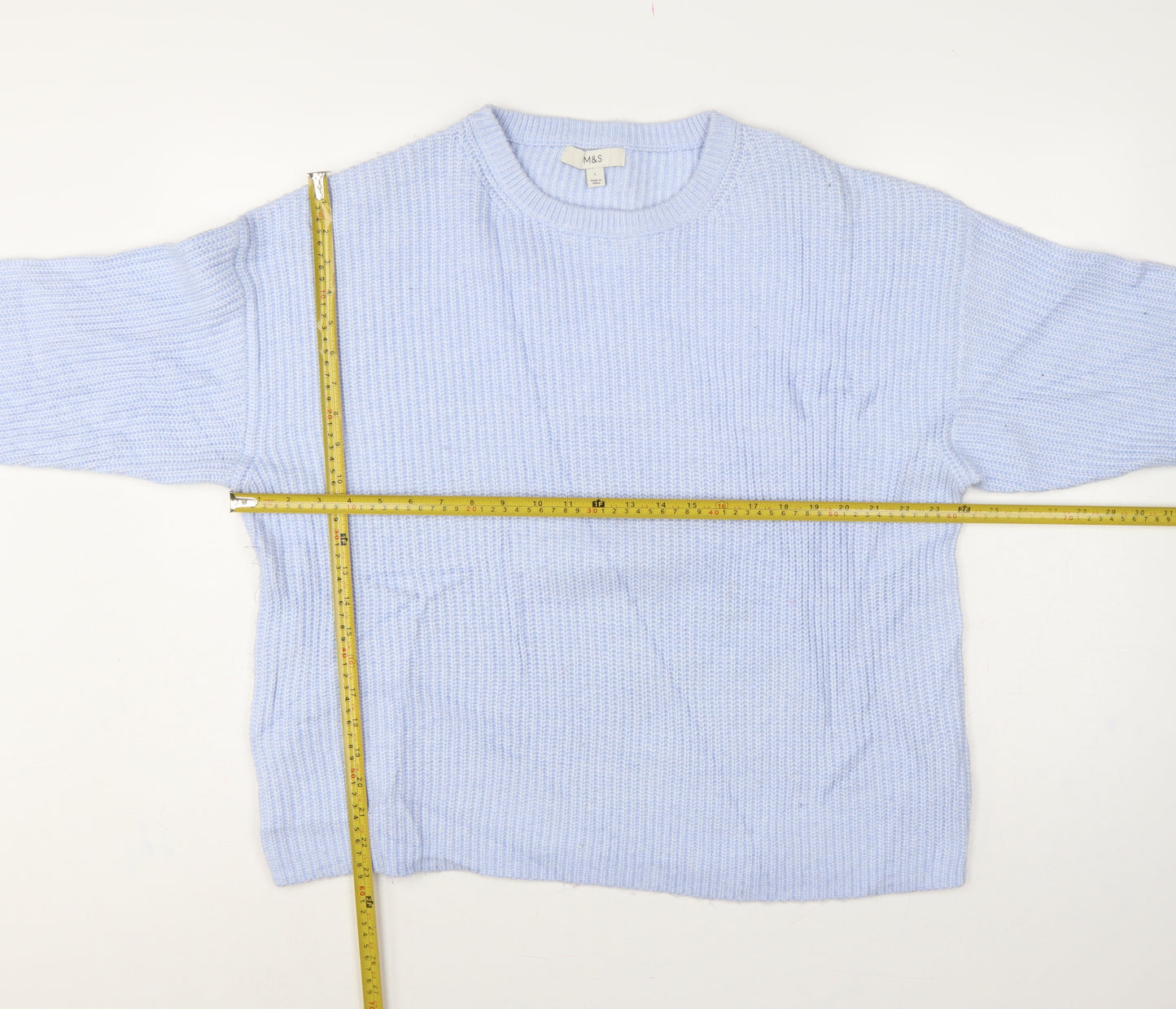Marks and Spencer Women Blue L Rib Knit Crew Neck Jumper