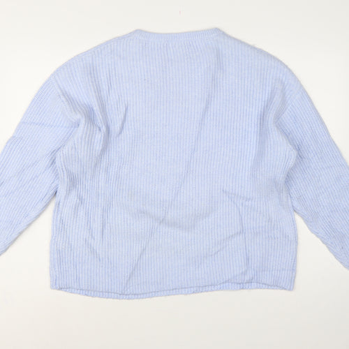 Marks and Spencer Women Blue L Rib Knit Crew Neck Jumper