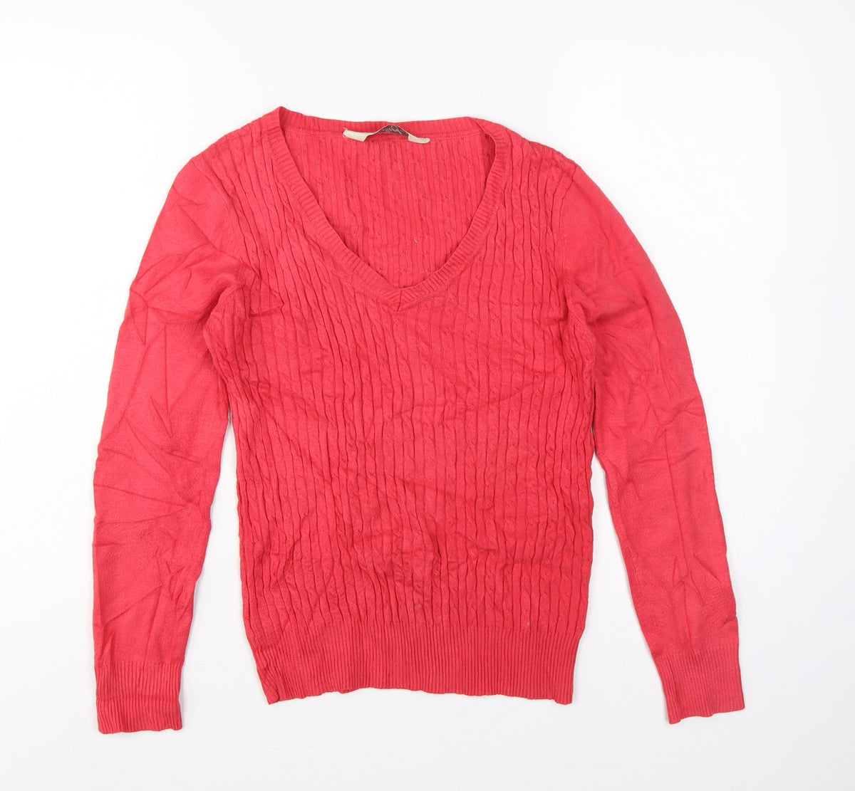 Back view of Gallery Women Pink S Cable-Knit V-Neck Long Sleeve jumper
