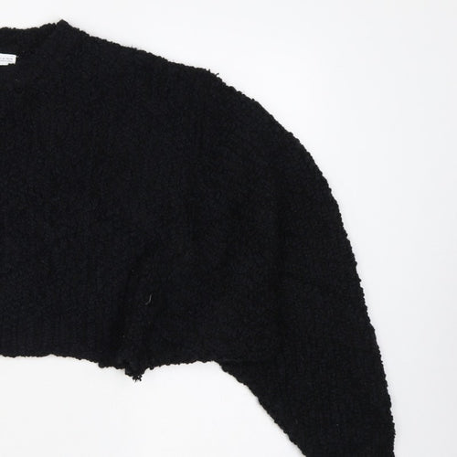 Zara Women Black M Cropped Open Bouclé Knit Shrug Cardigan Long Sleeve