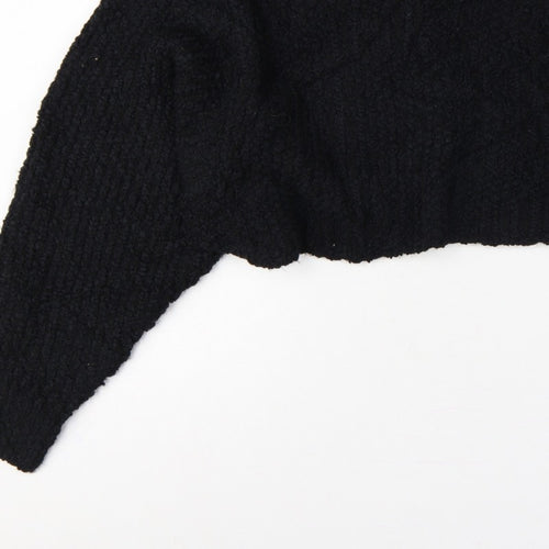 Zara Women Black M Cropped Open Bouclé Knit Shrug Cardigan Long Sleeve