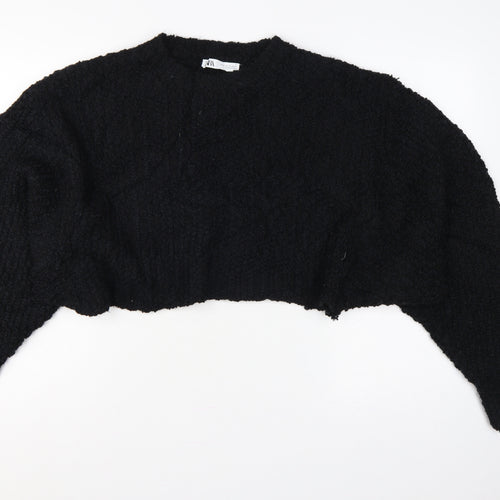 Zara Women Black M Cropped Open Bouclé Knit Shrug Cardigan Long Sleeve