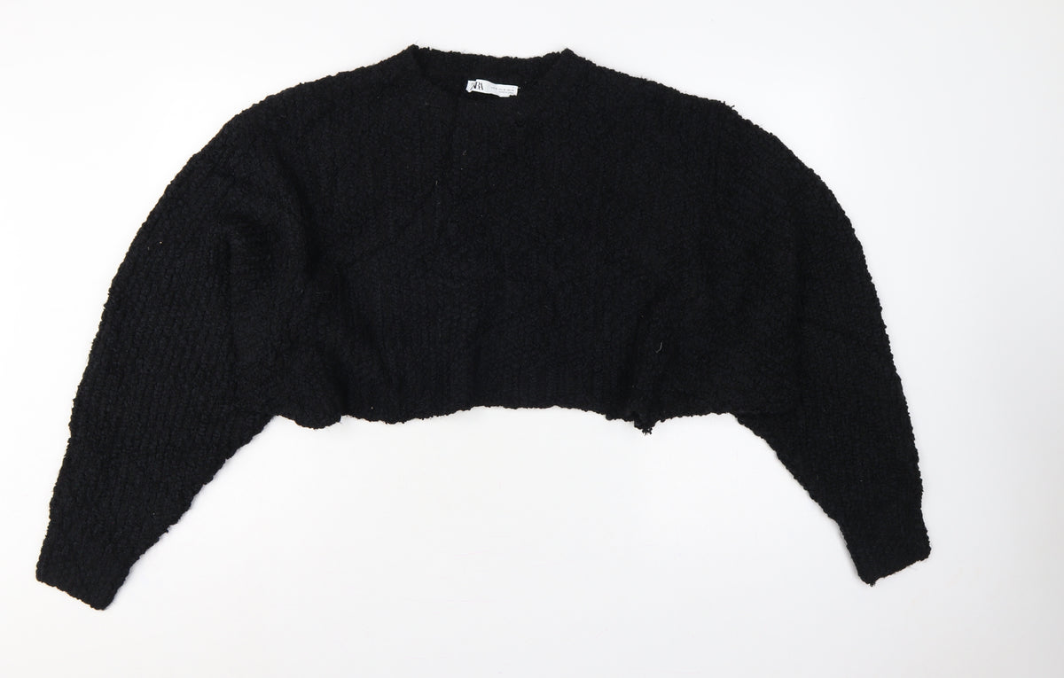 Zara Women Black M Cropped Open Bouclé Knit Shrug Cardigan Long Sleeve