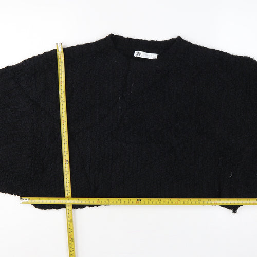 Zara Women Black M Cropped Open Bouclé Knit Shrug Cardigan Long Sleeve