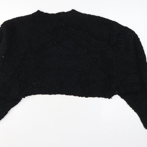 Zara Women Black M Cropped Open Bouclé Knit Shrug Cardigan Long Sleeve
