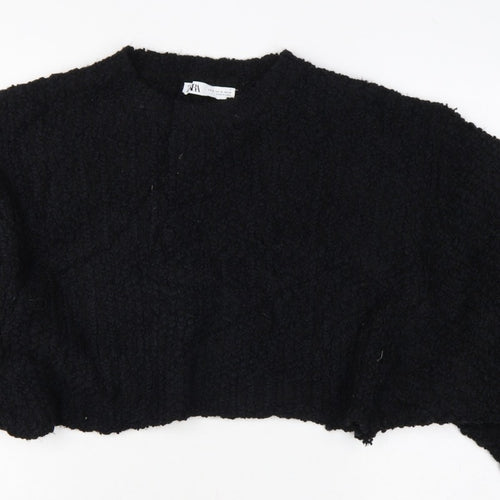 Zara Women Black M Cropped Open Bouclé Knit Shrug Cardigan Long Sleeve