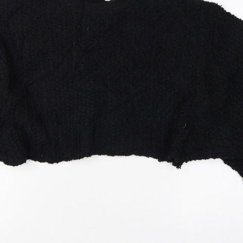 Zara Women Black M Cropped Open Bouclé Knit Shrug Cardigan Long Sleeve