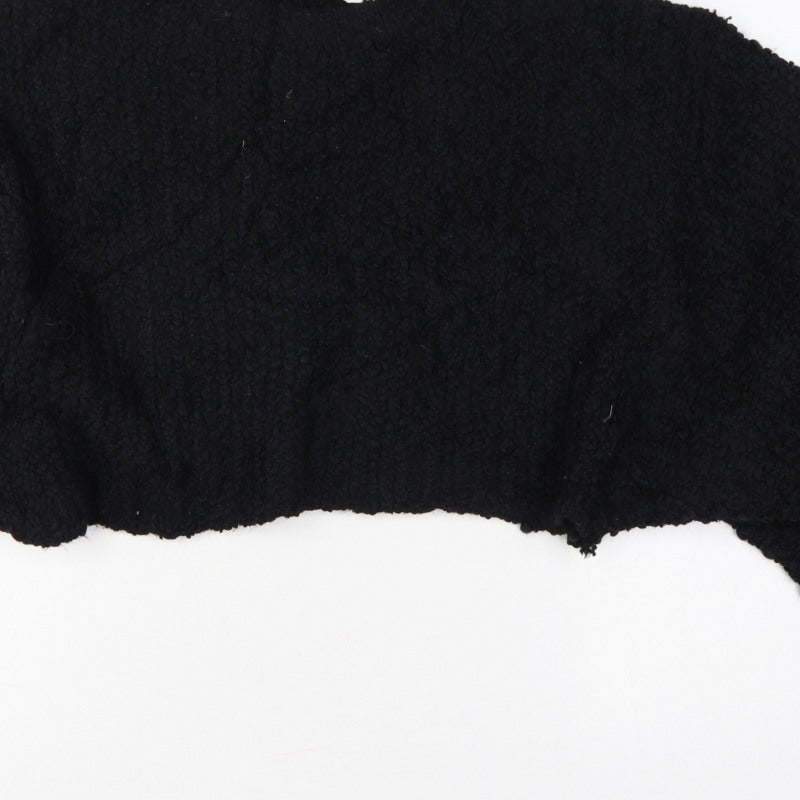 Zara Women Black M Cropped Open Bouclé Knit Shrug Cardigan Long Sleeve