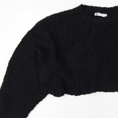 Zara Women Black M Cropped Open Bouclé Knit Shrug Cardigan Long Sleeve