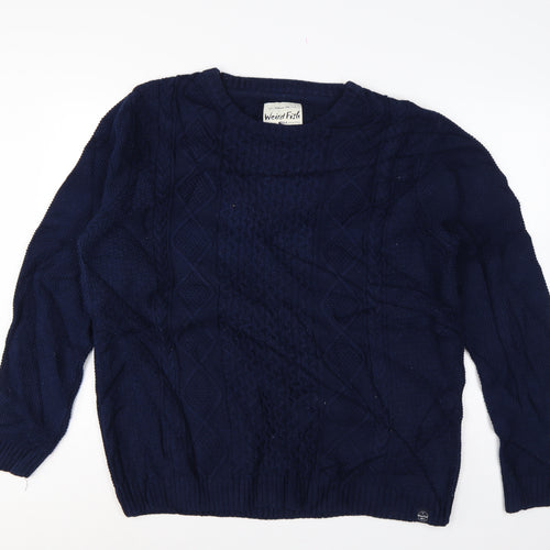 Weird Fish Men’s Navy 2XL Cable-Knit Crew Neck Cotton Blend Jumper