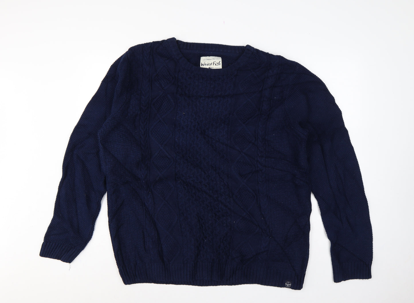 Weird Fish Men’s Navy 2XL Cable-Knit Crew Neck Cotton Blend Jumper