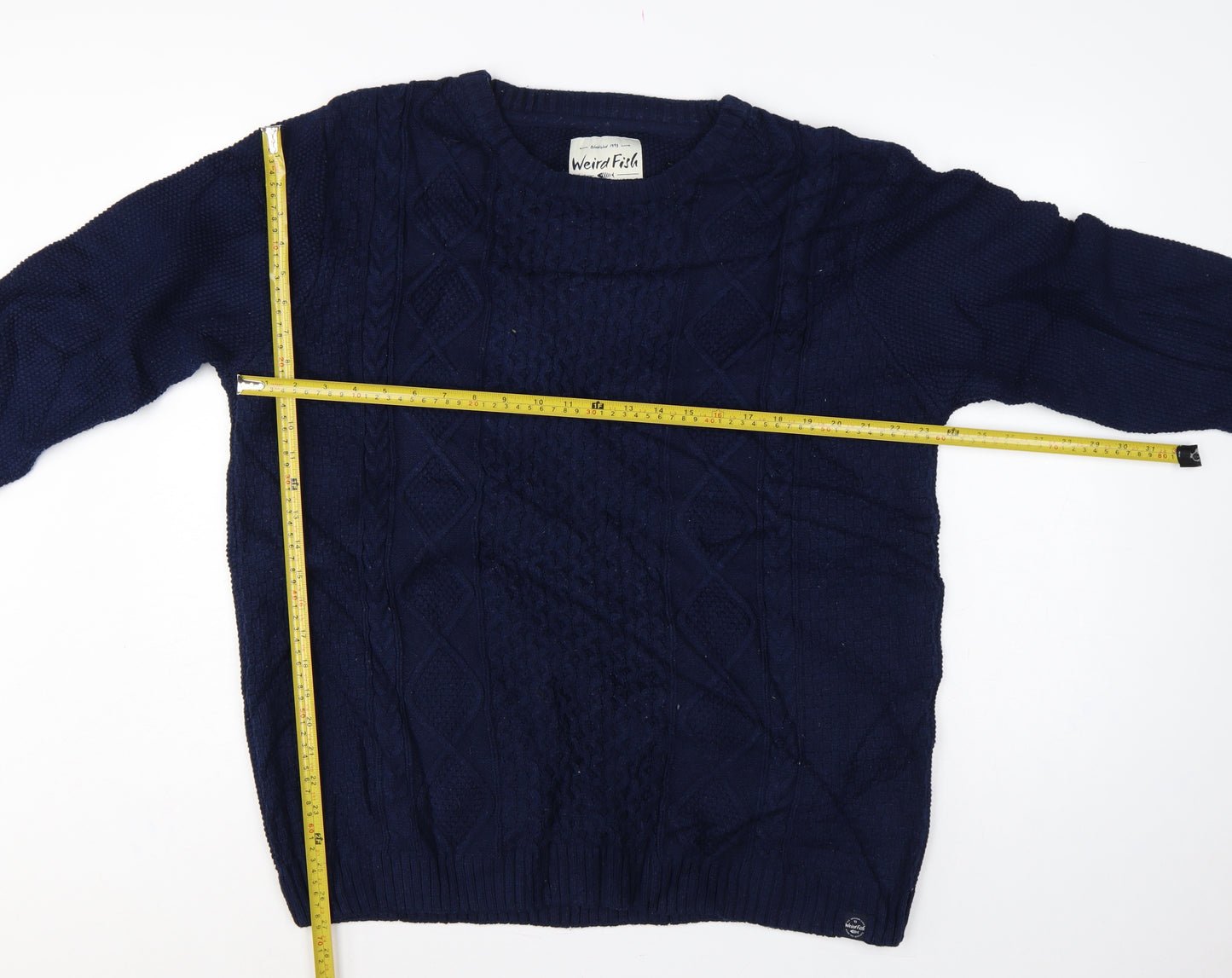 Weird Fish Men’s Navy 2XL Cable-Knit Crew Neck Cotton Blend Jumper