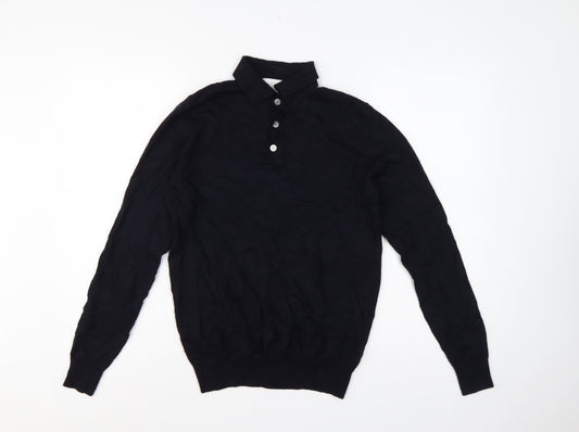 Skøvde Men’s Black M Pure Merino Wool Collared Henley Jumper