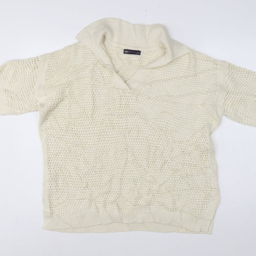 Marks & Spencer Women Ivory L Roll Neck Short Sleeve Cotton Knit Jumper