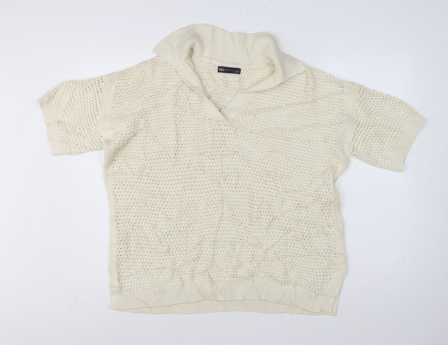 Marks & Spencer Women Ivory L Roll Neck Short Sleeve Cotton Knit Jumper