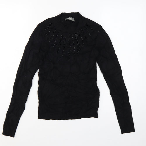 Oasis Women Black Size S Beaded High Neck Long Sleeve Knit Jumper