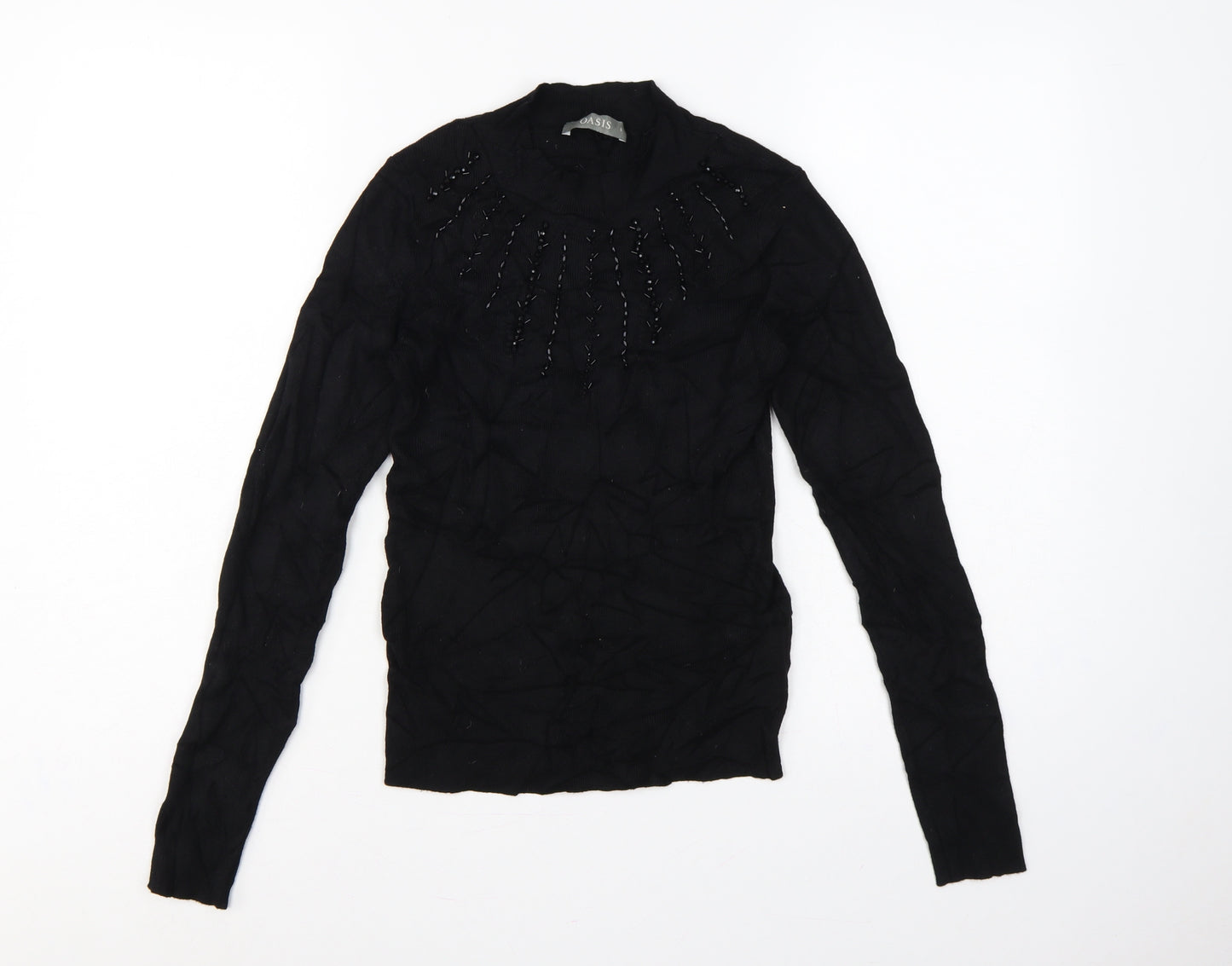 Oasis Women Black Size S Beaded High Neck Long Sleeve Knit Jumper